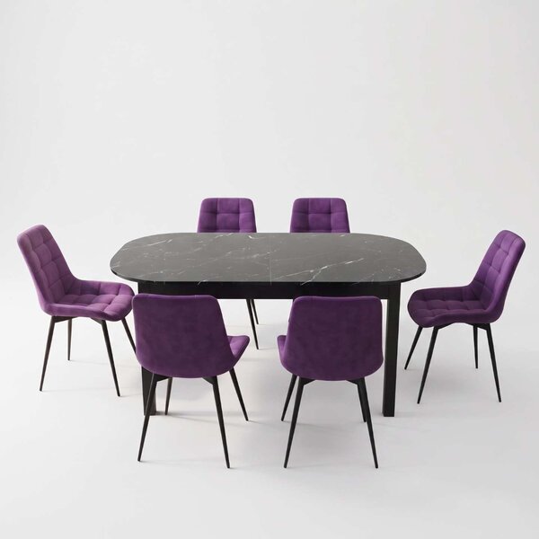 Set Masă Extensibilă Bucătărie / Dining Carla Negru Marmorat 134–174 × 80 × 75 cm cu 6 Scaune Onix Mov, Tapițate, Picioare Metalice Negre