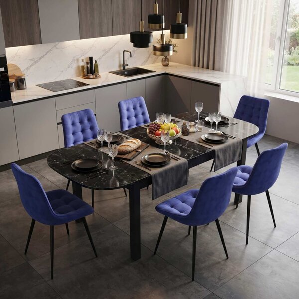 Set Masă Extensibilă Bucătărie / Dining Carla Negru Marmorat 134–174 × 80 × 75 cm cu 6 Scaune Onix Albastru, Tapițate, Picioare Metalice Negre