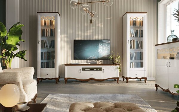 Comodă TV lemn masiv nuc Milan II Alb-, 164,2 × 46,5 × 55,7 cm