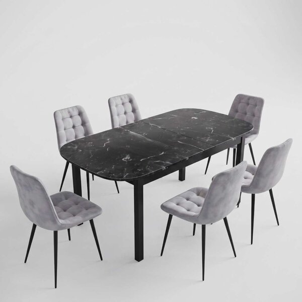 Set Masă Extensibilă Bucătărie / Dining Carla Negru Marmorat 134–174 × 80 × 75 cm cu 6 Scaune Onix Gri, Tapițate, Picioare Metalice Negre