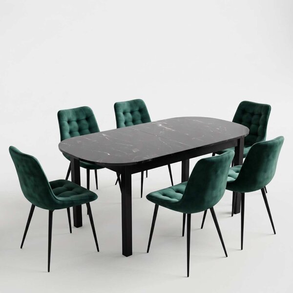 Set Masă Extensibilă Bucătărie / Dining Carla Negru Marmorat 134–174 × 80 × 75 cm cu 6 Scaune Onix Verde Închis, Tapițate, Picioare Metalice Negre