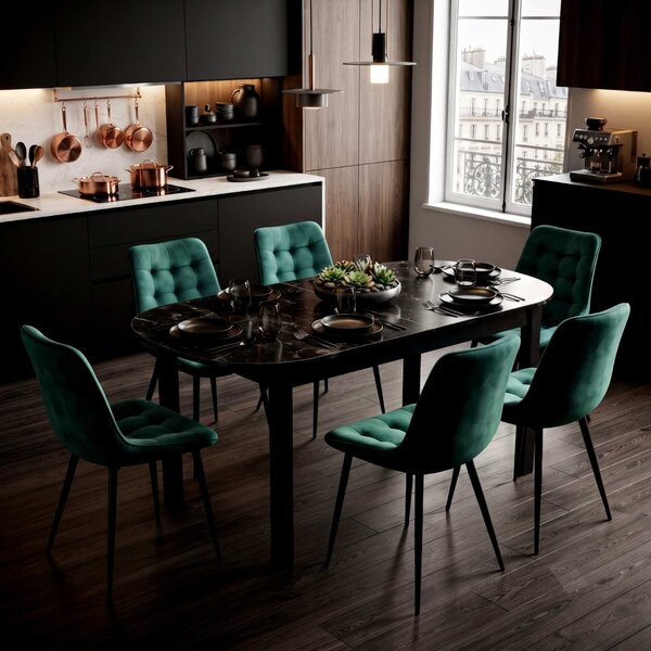 Set Masă Extensibilă Bucătărie / Dining Carla Negru Marmorat 134–174 × 80 × 75 cm cu 6 Scaune Onix Verde Închis, Tapițate, Picioare Metalice Negre