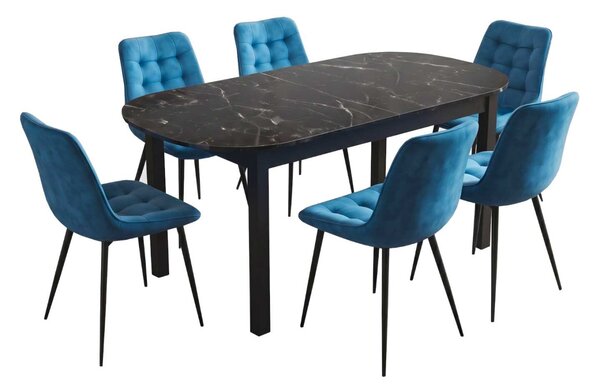 Set Masă Extensibilă Bucătărie / Dining Carla Negru Marmorat 134–174 × 80 × 75 cm cu 6 Scaune Onix Turcoaz Deschis, Tapițate, Picioare Metalice Negre