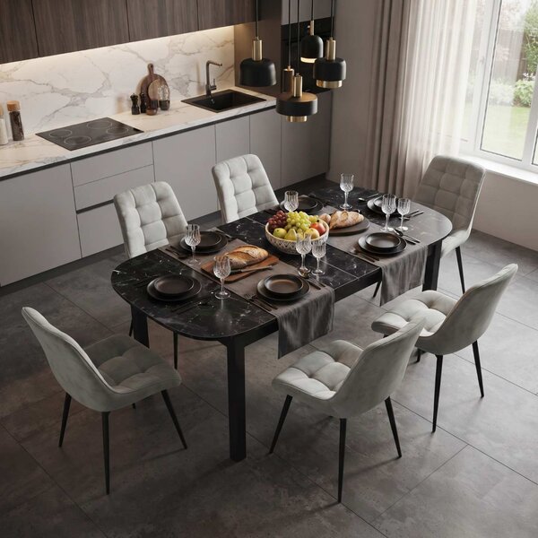 Set Masă Extensibilă Bucătărie / Dining Carla Negru Marmorat 134–174 × 80 × 75 cm cu 6 Scaune Onix Gri Deschis, Tapițate, Picioare Metalice Negre