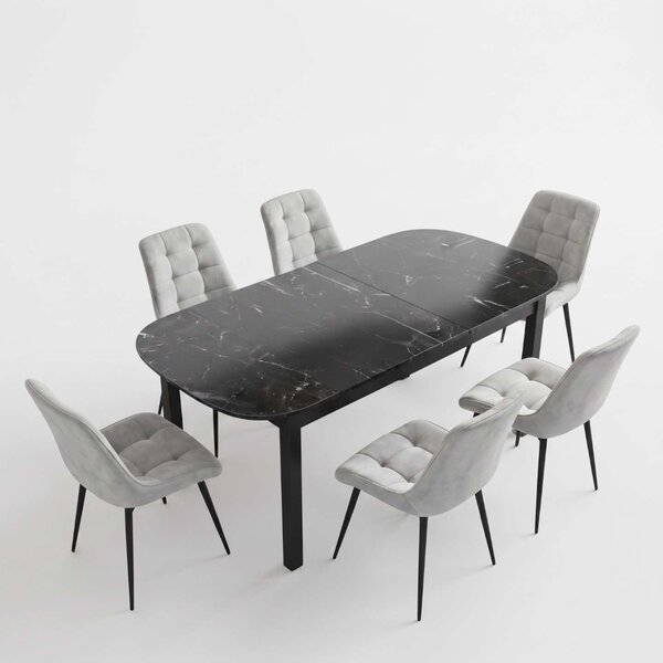 Set Masă Extensibilă Bucătărie / Dining Carla Negru Marmorat 134–174 × 80 × 75 cm cu 6 Scaune Onix Gri Deschis, Tapițate, Picioare Metalice Negre
