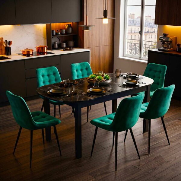 Set Masă Extensibilă Bucătărie / Dining Carla Negru Marmorat 134–174 × 80 × 75 cm cu 6 Scaune Onix Verde, Tapițate, Picioare Metalice Negre