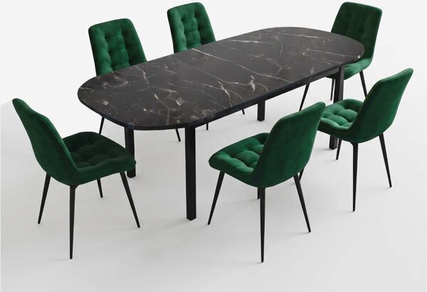 Set Masă Extensibilă Bucătărie / Dining Carla Negru Marmorat 134–174 × 80 × 75 cm cu 6 Scaune Onix Verde, Tapițate, Picioare Metalice Negre