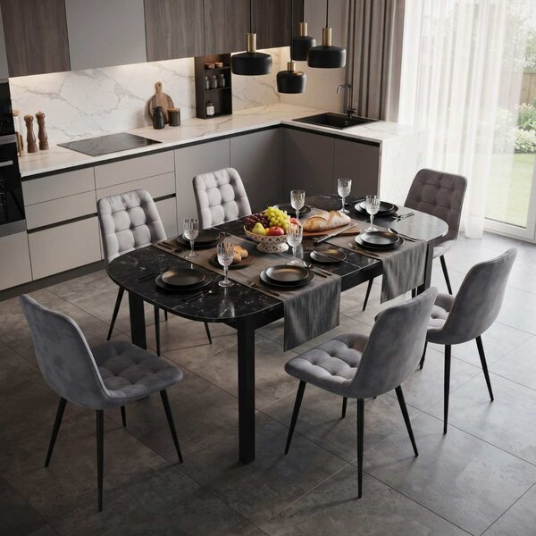 Set Masă Extensibilă Bucătărie / Dining Carla Negru Marmorat 134–174 × 80 × 75 cm cu 6 Scaune Onix Gri, Tapițate, Picioare Metalice Negre