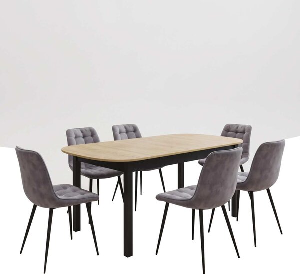 Set Masă Extensibilă Bucătărie / Dining Carla Stejar 134–174 × 80 × 75 cm cu 6 Scaune Onix Gri, Tapițate, Picioare Metalice Negre
