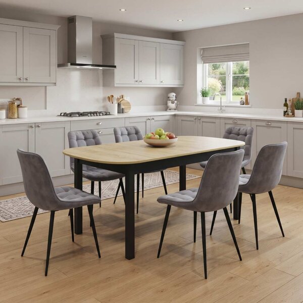 Set Masă Extensibilă Bucătărie / Dining Carla Stejar 134–174 × 80 × 75 cm cu 6 Scaune Onix Gri, Tapițate, Picioare Metalice Negre