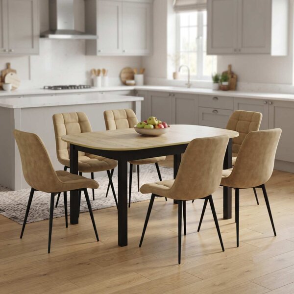 Set Masă Extensibilă Bucătărie / Dining Carla Stejar 134–174 × 80 × 75 cm cu 6 Scaune Onix Bej, Tapițate, Picioare Metalice Negre