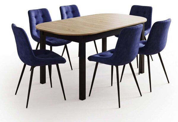 Set Masă Extensibilă Bucătărie / Dining Carla Stejar 134–174 × 80 × 75 cm cu 6 Scaune Onix Albastru, Tapițate, Picioare Metalice Negre