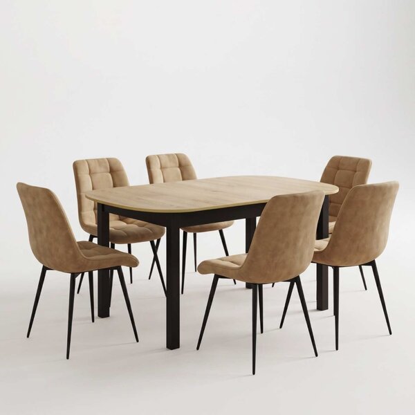Set Masă Extensibilă Bucătărie / Dining Carla Stejar 134–174 × 80 × 75 cm cu 6 Scaune Onix Bej, Tapițate, Picioare Metalice Negre