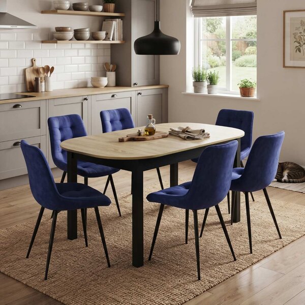 Set Masă Extensibilă Bucătărie / Dining Carla Stejar 134–174 × 80 × 75 cm cu 6 Scaune Onix Albastru, Tapițate, Picioare Metalice Negre