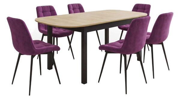 Set Masă Extensibilă Bucătărie / Dining Carla Stejar 134–174 × 80 × 75 cm cu 6 Scaune Onix Mov, Tapițate, Picioare Metalice Negre