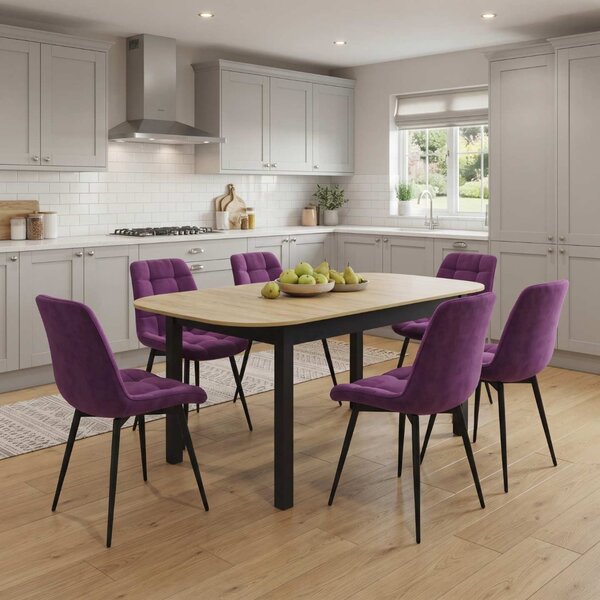 Set Masă Extensibilă Bucătărie / Dining Carla Stejar 134–174 × 80 × 75 cm cu 6 Scaune Onix Mov, Tapițate, Picioare Metalice Negre