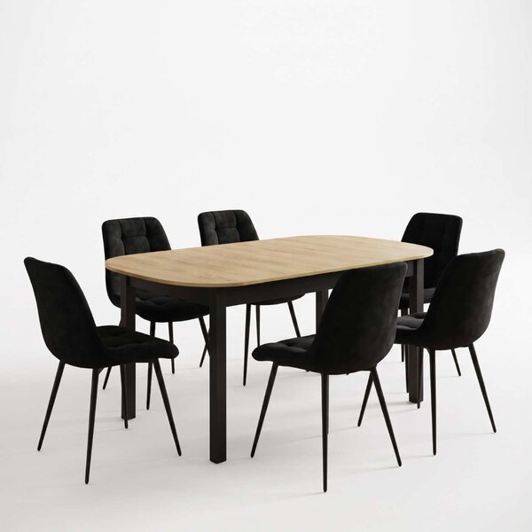 Set Masă Extensibilă Bucătărie / Dining Carla Stejar 134–174 × 80 × 75 cm cu 6 Scaune Onix Negru, Tapițate, Picioare Metalice Negre