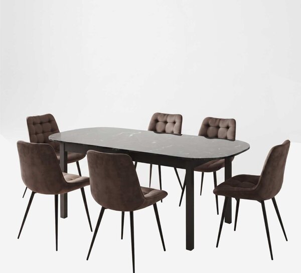 Set Masă Extensibilă Bucătărie / Dining Carla Negru Marmorat 134–174 × 80 × 75 cm cu 6 Scaune Onix Maro, Tapițate, Picioare Metalice Negre