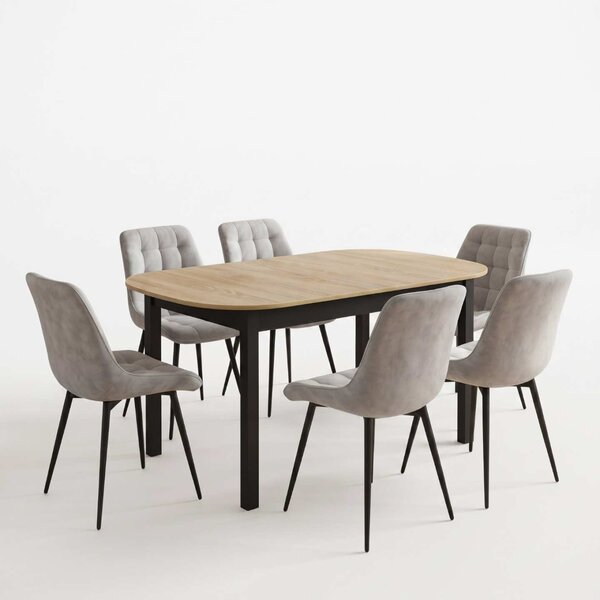 Set Masă Extensibilă Bucătărie / Dining Carla Stejar 134–174 × 80 × 75 cm cu 6 Scaune Onix Gri Deschis, Tapițate, Picioare Metalice Negre