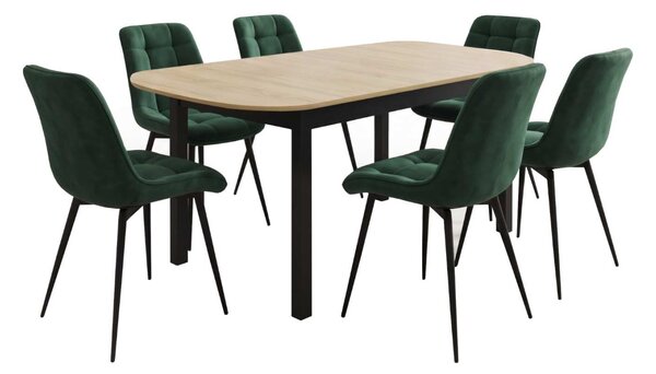 Set Masă Extensibilă Bucătărie / Dining Carla Stejar 134–174 × 80 × 75 cm cu 6 Scaune Onix Verde Închis, Tapițate, Picioare Metalice Negre