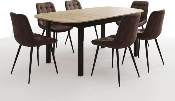 Set Masă Extensibilă Bucătărie / Dining Carla Stejar 134–174 × 80 × 75 cm cu 6 Scaune Onix Maro, Tapițate, Picioare Metalice Negre