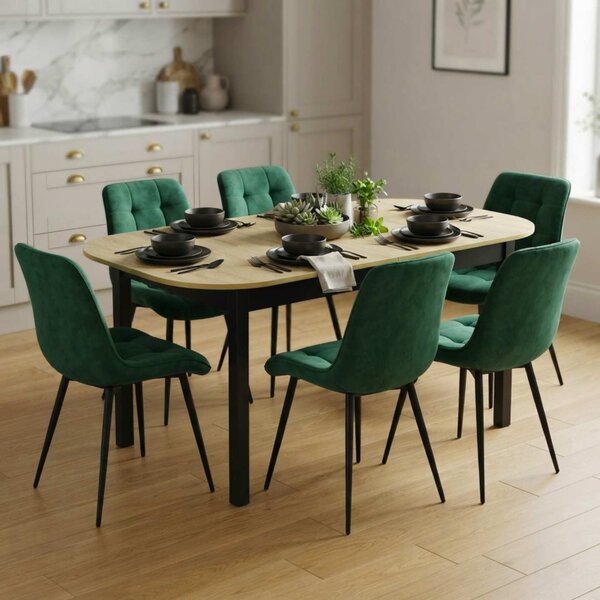Set Masă Extensibilă Bucătărie / Dining Carla Stejar 134–174 × 80 × 75 cm cu 6 Scaune Onix Verde, Tapițate, Picioare Metalice Negre
