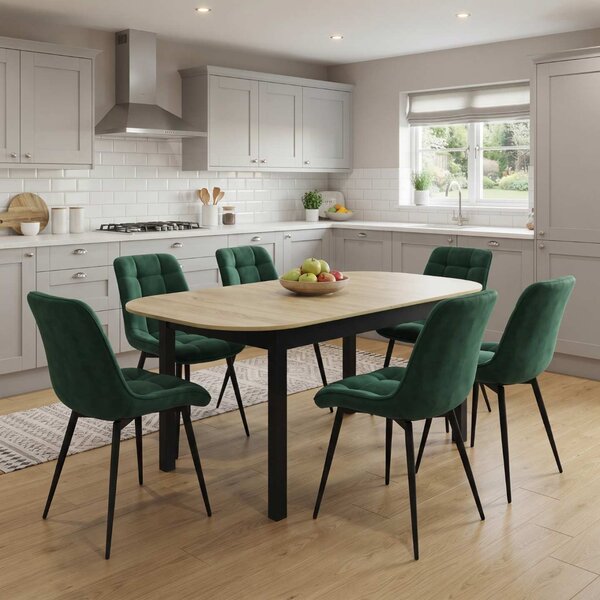 Set Masă Extensibilă Bucătărie / Dining Carla Stejar 134–174 × 80 × 75 cm cu 6 Scaune Onix Verde Închis, Tapițate, Picioare Metalice Negre