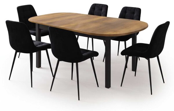 Set Masă Extensibilă Bucătărie / Dining Carla Nuc 134–174 × 80 × 75 cm cu 6 Scaune Onix Negru, Tapițate, Picioare Metalice Negre