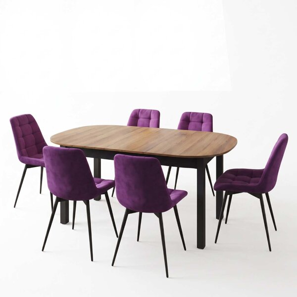 Set Masă Extensibilă Bucătărie / Dining Carla Nuc 134–174 × 80 × 75 cm cu 6 Scaune Onix Mov, Tapițate, Picioare Metalice Negre
