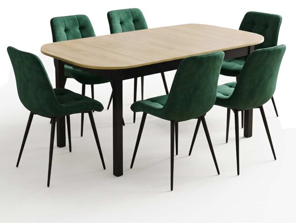Set Masă Extensibilă Bucătărie / Dining Carla Stejar 134–174 × 80 × 75 cm cu 6 Scaune Onix Verde, Tapițate, Picioare Metalice Negre