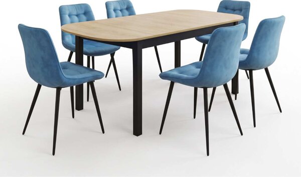 Set Masă Extensibilă Bucătărie / Dining Carla Stejar 134–174 × 80 × 75 cm cu 6 Scaune Onix Turcoaz Deschis, Tapițate, Picioare Metalice Negre