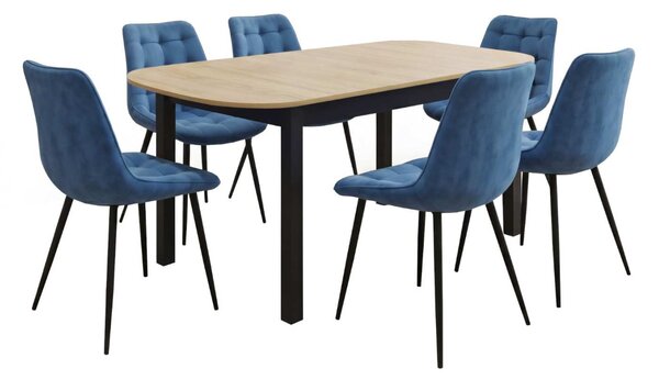 Set Masă Extensibilă Bucătărie / Dining Carla Stejar 134–174 × 80 × 75 cm cu 6 Scaune Onix Turcoaz, Tapițate, Picioare Metalice Negre