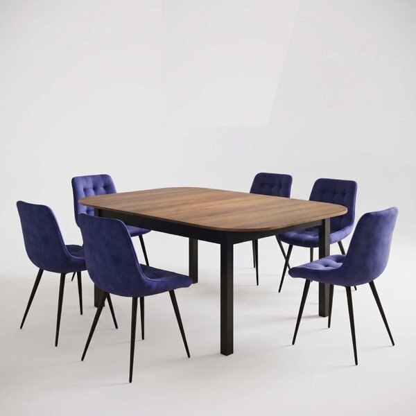Set Masă Extensibilă Bucătărie / Dining Carla Nuc 134–174 × 80 × 75 cm cu 6 Scaune Onix Albastru, Tapițate, Picioare Metalice Negre