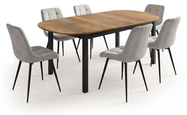 Set Masă Extensibilă Bucătărie / Dining Carla Nuc 134–174 × 80 × 75 cm cu 6 Scaune Onix Gri Deschis, Tapițate, Picioare Metalice Negre