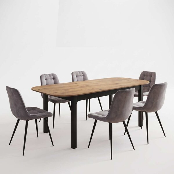 Set Masă Extensibilă Bucătărie / Dining Carla Nuc 134–174 × 80 × 75 cm cu 6 Scaune Onix Gri, Tapițate, Picioare Metalice Negre
