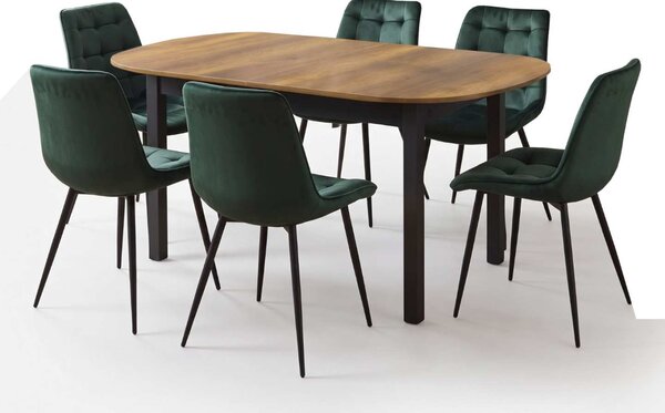 Set Masă Extensibilă Bucătărie / Dining Carla Nuc 134–174 × 80 × 75 cm cu 6 Scaune Onix Verde Închis, Tapițate, Picioare Metalice Negre