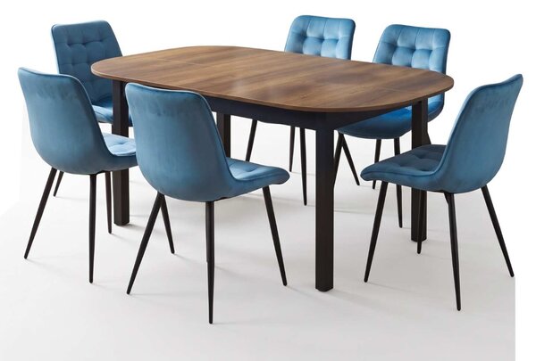 Set Masă Extensibilă Bucătărie / Dining Carla Nuc 134–174 × 80 × 75 cm cu 6 Scaune Onix Turcoaz Deschis, Tapițate, Picioare Metalice Negre