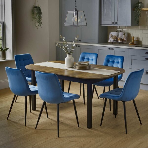Set Masă Extensibilă Bucătărie / Dining Carla Nuc 134–174 × 80 × 75 cm cu 6 Scaune Onix Turcoaz, Tapițate, Picioare Metalice Negre
