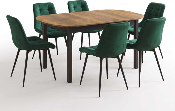 Set Masă Extensibilă Bucătărie / Dining Carla Nuc 134–174 × 80 × 75 cm cu 6 Scaune Onix Verde, Tapițate, Picioare Metalice Negre