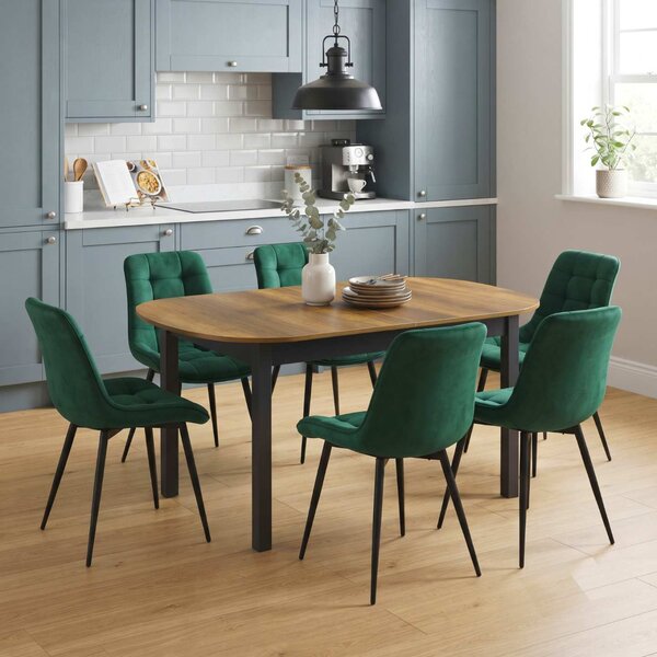 Set Masă Extensibilă Bucătărie / Dining Carla Nuc 134–174 × 80 × 75 cm cu 6 Scaune Onix Verde, Tapițate, Picioare Metalice Negre