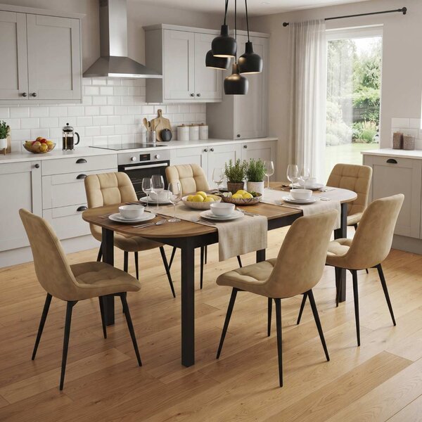 Set Masă Extensibilă Bucătărie / Dining Carla Nuc 134–174 × 80 × 75 cm cu 6 Scaune Onix Bej, Tapițate, Picioare Metalice Negre