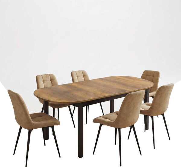 Set Masă Extensibilă Bucătărie / Dining Carla Nuc 134–174 × 80 × 75 cm cu 6 Scaune Onix Bej, Tapițate, Picioare Metalice Negre