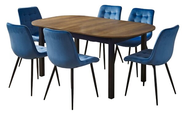 Set Masă Extensibilă Bucătărie / Dining Carla Nuc 134–174 × 80 × 75 cm cu 6 Scaune Onix Turcoaz, Tapițate, Picioare Metalice Negre