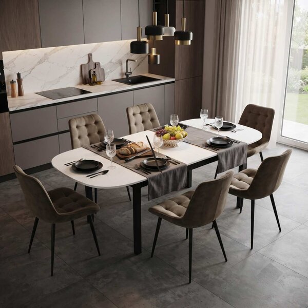 Set Masă Extensibilă Bucătărie / Dining Carla Albă 134–174 × 80 × 75 cm cu 6 Scaune Onix Maro, Tapițate, Picioare Metalice Negre