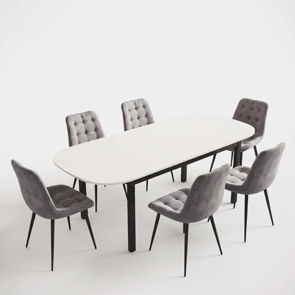 Set Masă Extensibilă Bucătărie / Dining Carla Albă 134–174 × 80 × 75 cm cu 6 Scaune Onix Gri, Tapițate, Picioare Metalice Negre