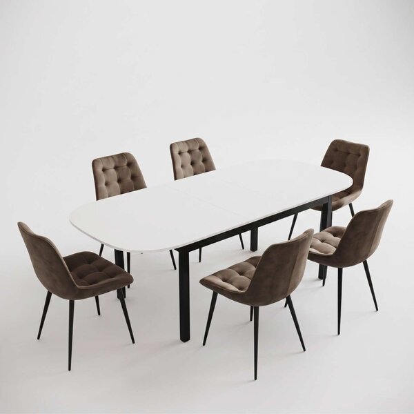 Set Masă Extensibilă Bucătărie / Dining Carla Albă 134–174 × 80 × 75 cm cu 6 Scaune Onix Maro, Tapițate, Picioare Metalice Negre