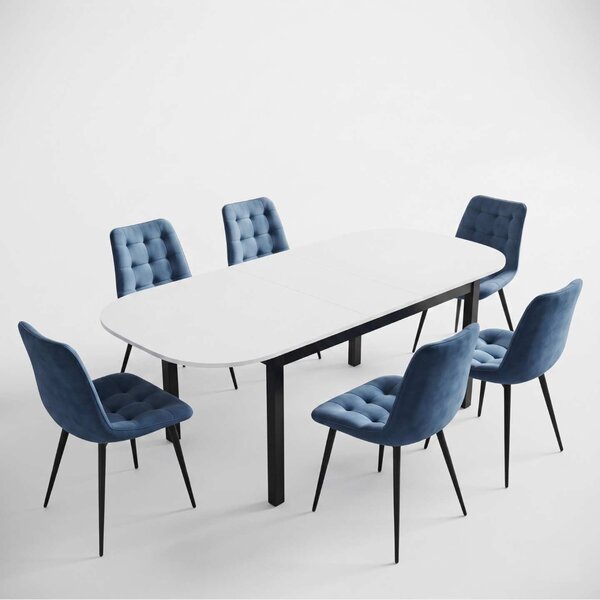 Set Masă Extensibilă Bucătărie / Dining Carla Albă 134–174 × 80 × 75 cm cu 6 Scaune Onix Turcoaz, Tapițate, Picioare Metalice Negre