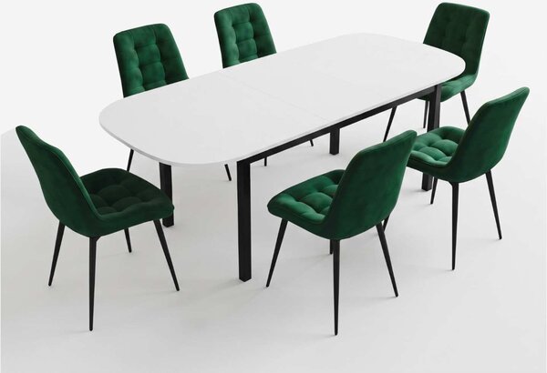 Set Masă Extensibilă Bucătărie / Dining Carla Albă 134–174 × 80 × 75 cm cu 6 Scaune Onix Verde, Tapițate, Picioare Metalice Negre