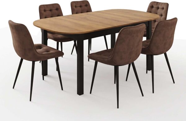 Set Masă Extensibilă Bucătărie / Dining Carla Nuc 134–174 × 80 × 75 cm cu 6 Scaune Onix Maro, Tapițate, Picioare Metalice Negre