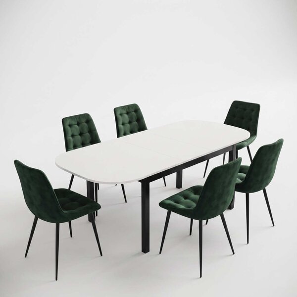 Set Masă Extensibilă Bucătărie / Dining Carla Albă 134–174 × 80 × 75 cm cu 6 Scaune Onix Verde Închis, Tapițate, Picioare Metalice Negre